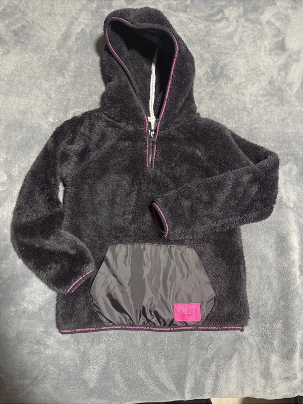 Calvin Klein Kids Black Fuzzy Hooded Pullover with Pink Trim